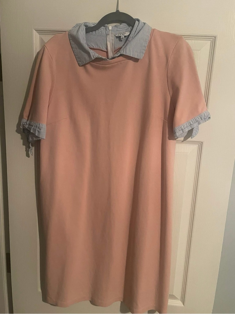 crown & ivy Pink Short Sleeve Dress with Blue Stripe Collar